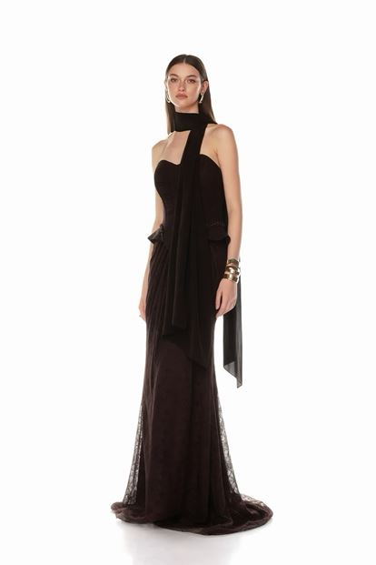 Brown Strapless Corset Lace Evening Dress